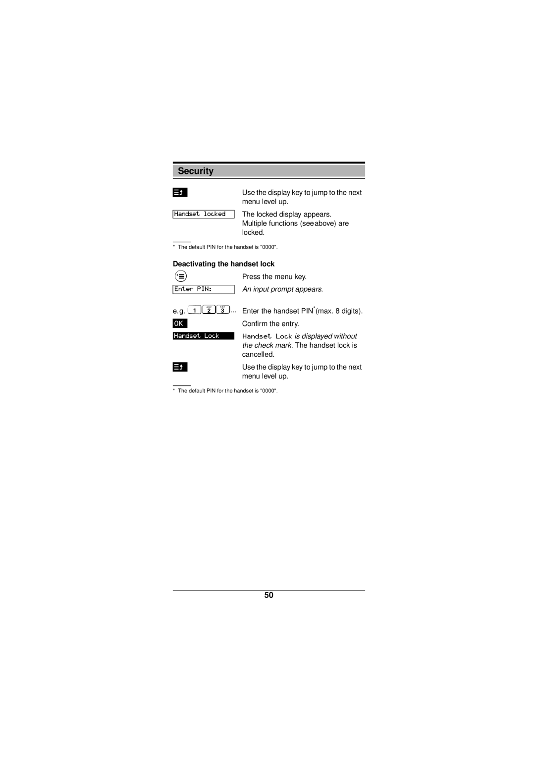 Siemens Gigaset 3000 operating instructions Deactivating the handset lock, Press the menu key, Is displayed without 