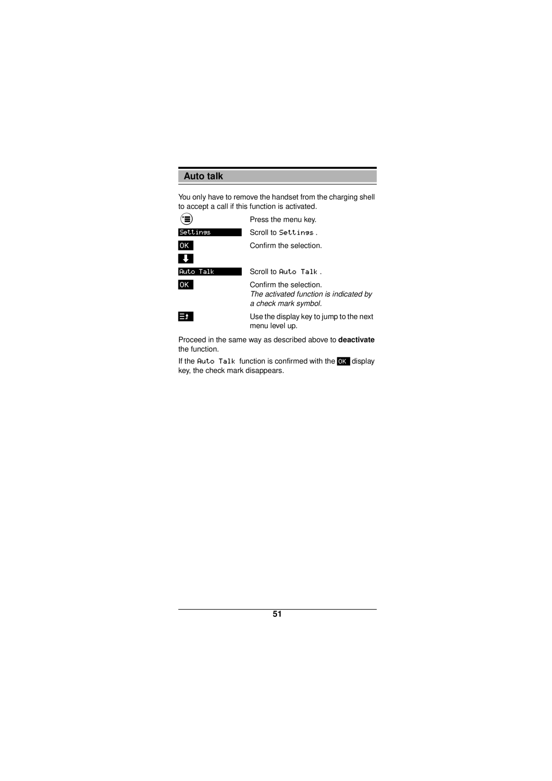 Siemens Gigaset 3000 operating instructions Auto talk, Check mark symbol 