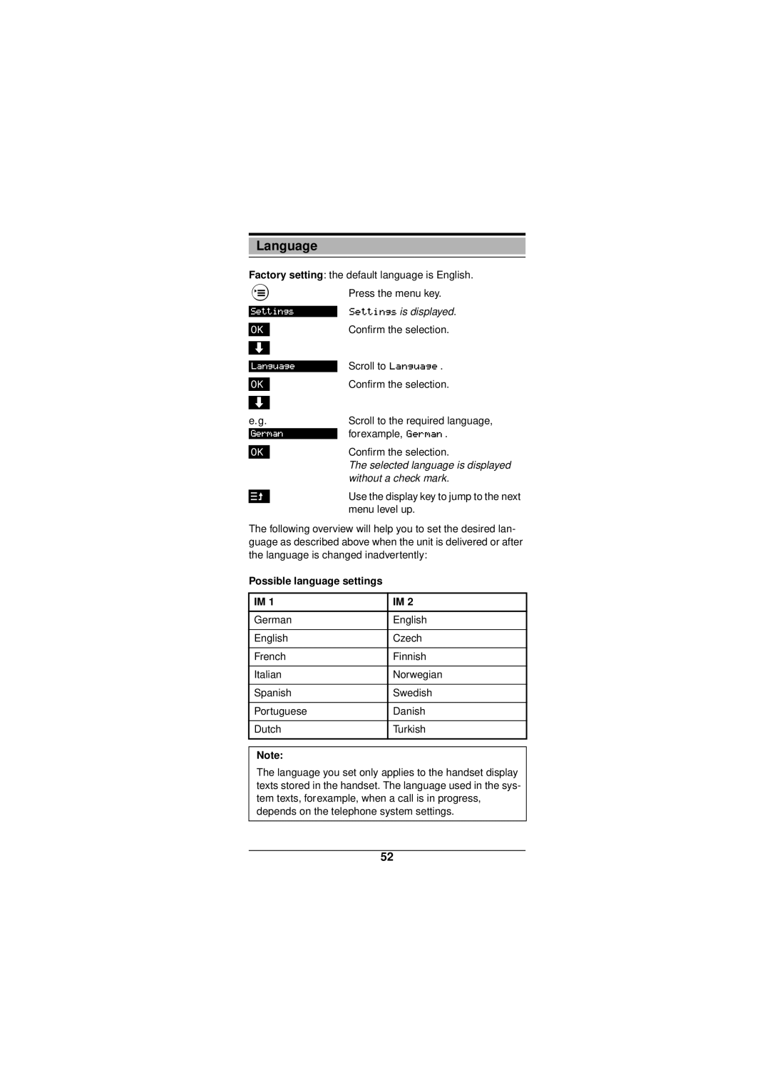 Siemens Gigaset 3000 operating instructions Language, Possible language settings 