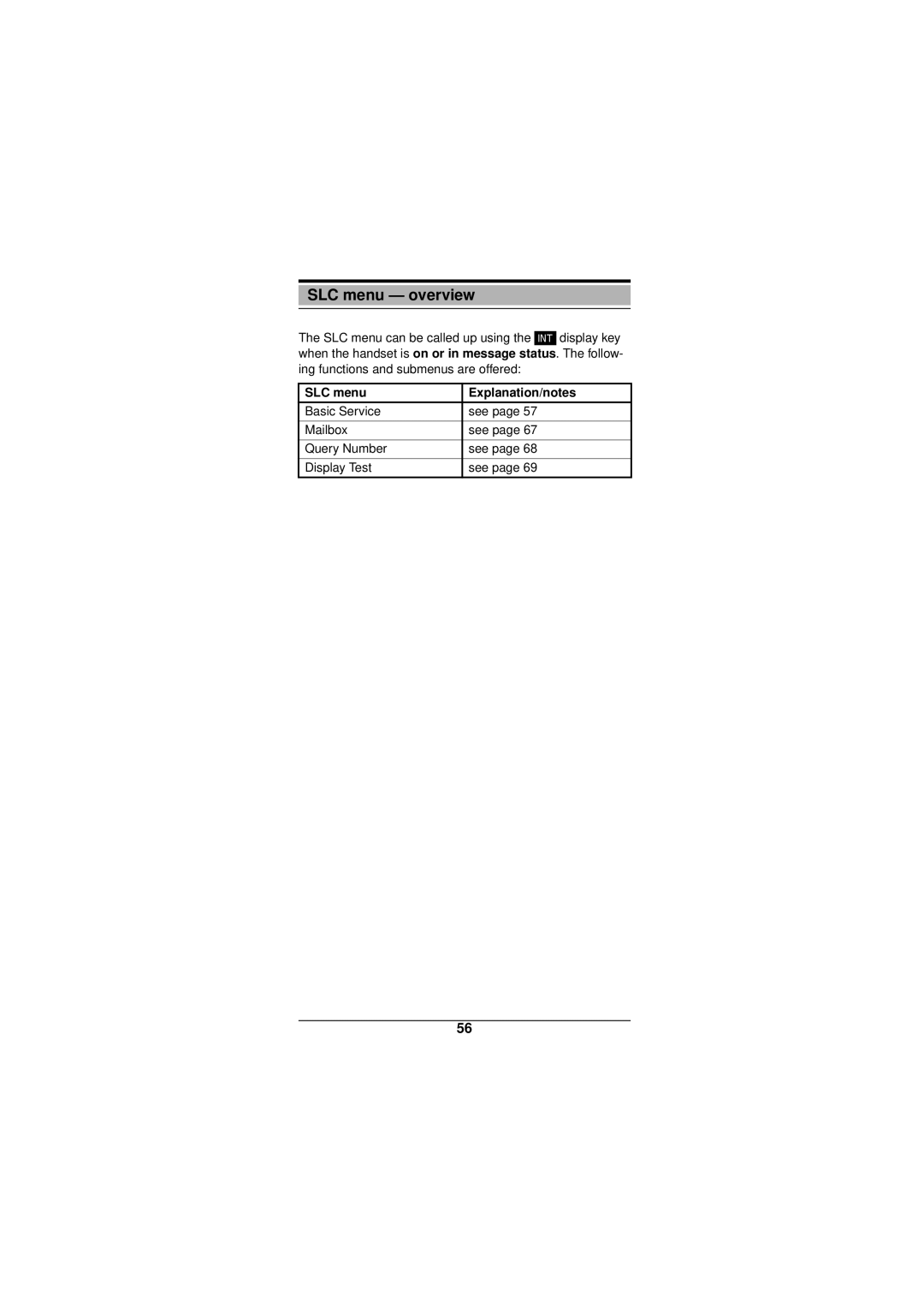 Siemens Gigaset 3000 operating instructions SLC menu overview, SLC menu Explanation/notes 