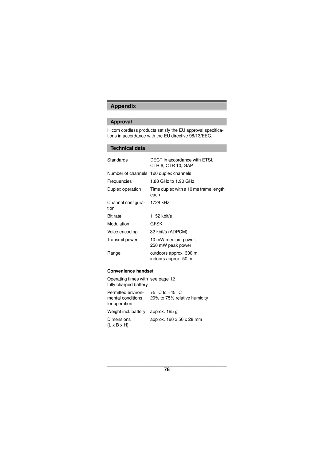 Siemens Gigaset 3000 operating instructions Approval, Technical data, Convenience handset 