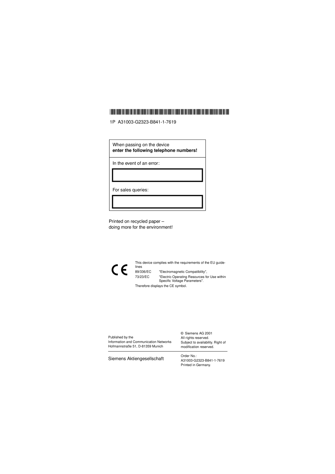 Siemens Gigaset 3000 operating instructions $*%, Enter the following telephone numbers 