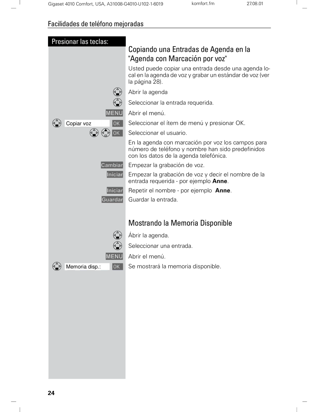 Siemens Gigaset 4210 user manual Mostrando la Memoria Disponible 