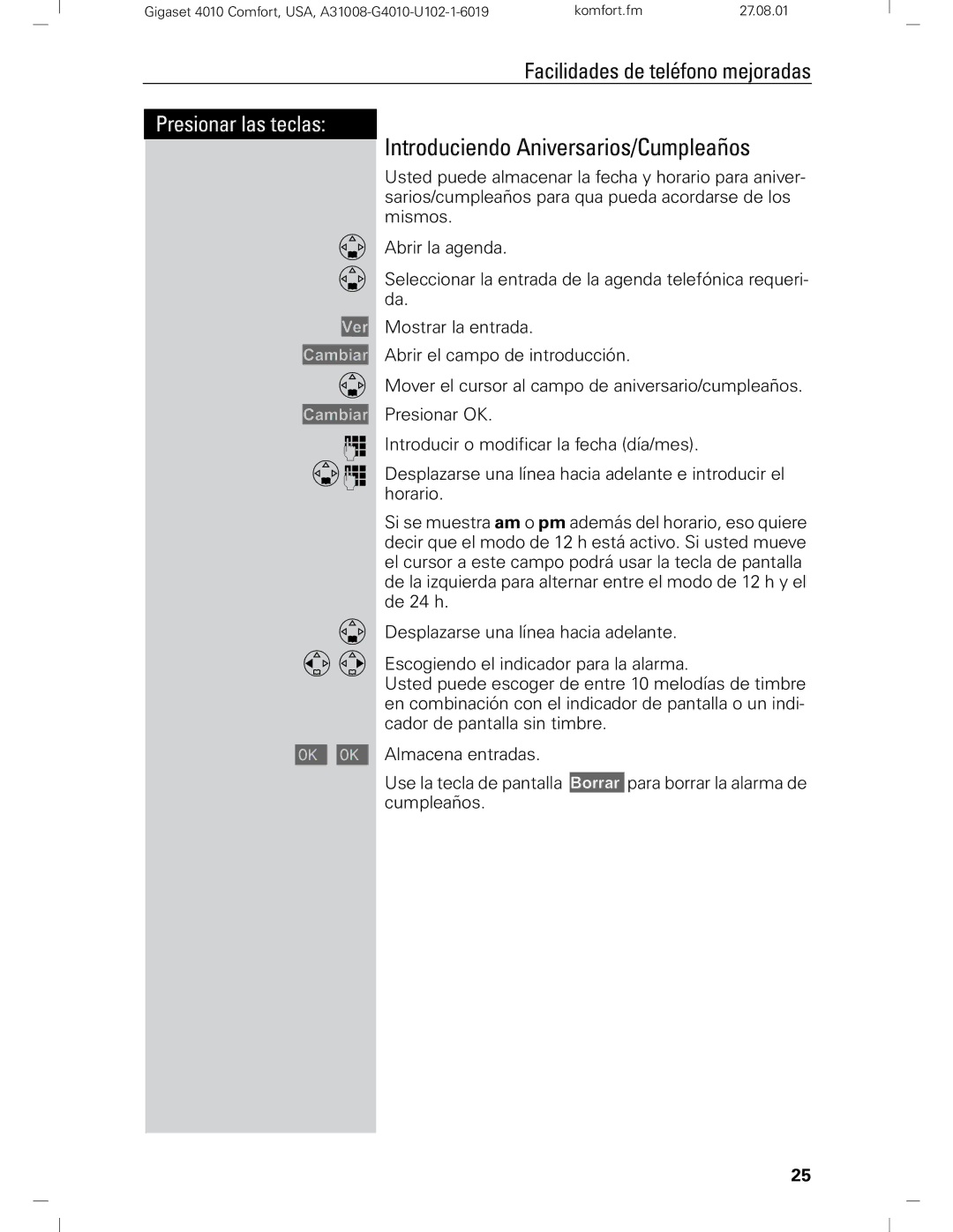 Siemens Gigaset 4210 user manual Presionar las teclas 