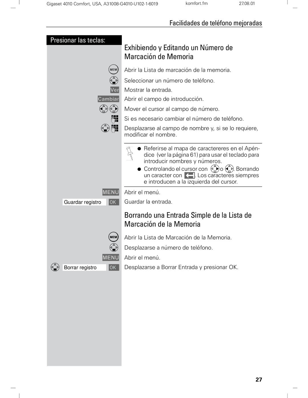 Siemens Gigaset 4210 user manual Exhibiendo y Editando un Número de Marcación de Memoria 