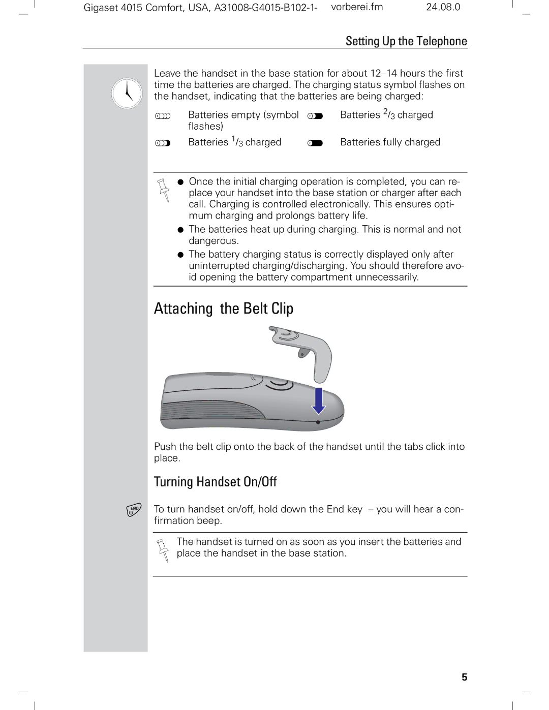 Siemens Gigaset 4210 user manual Attaching the Belt Clip, Turning Handset On/Off 