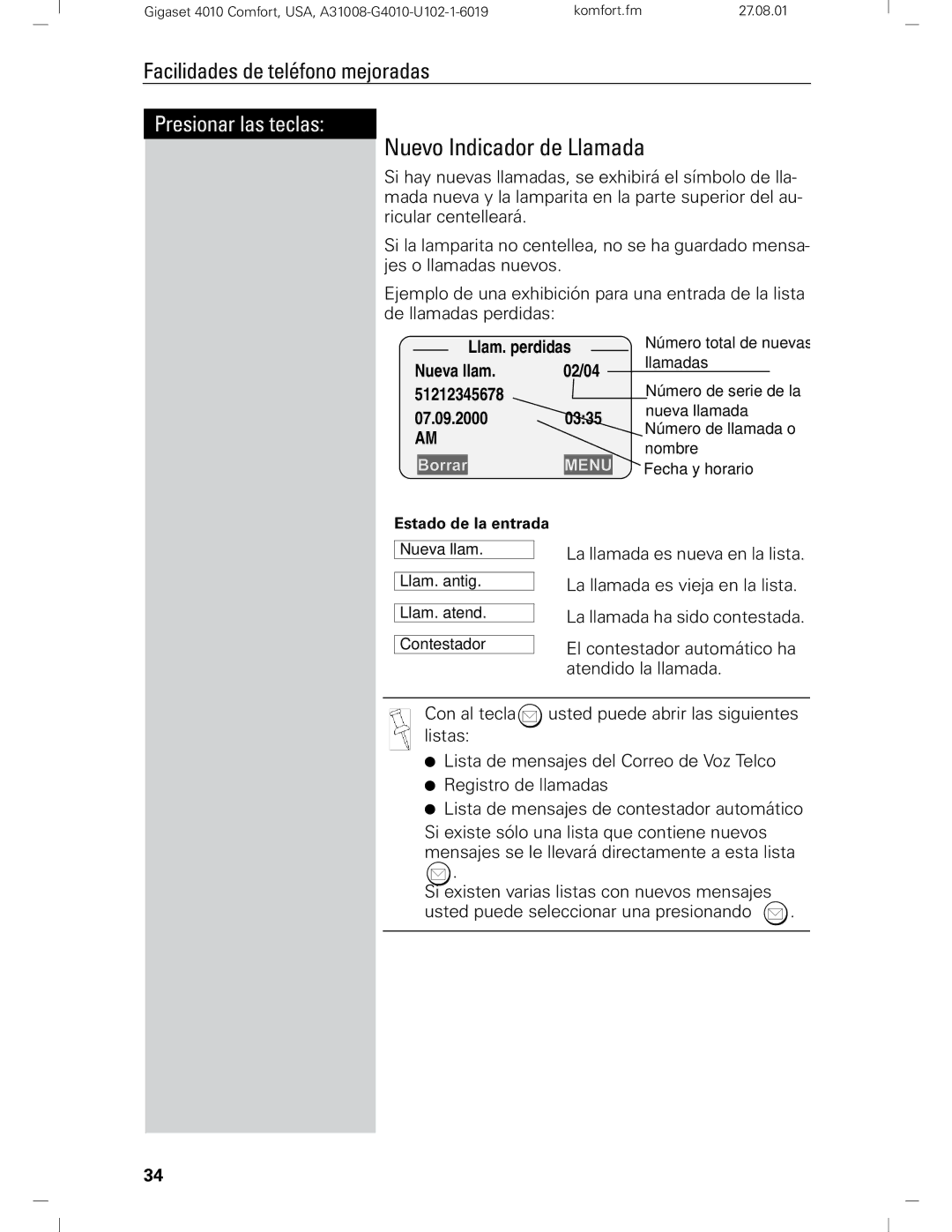 Siemens Gigaset 4210 user manual Nuevo Indicador de Llamada, Llam. perdidas Nueva llam 02/04 51212345678 07.09.2000 