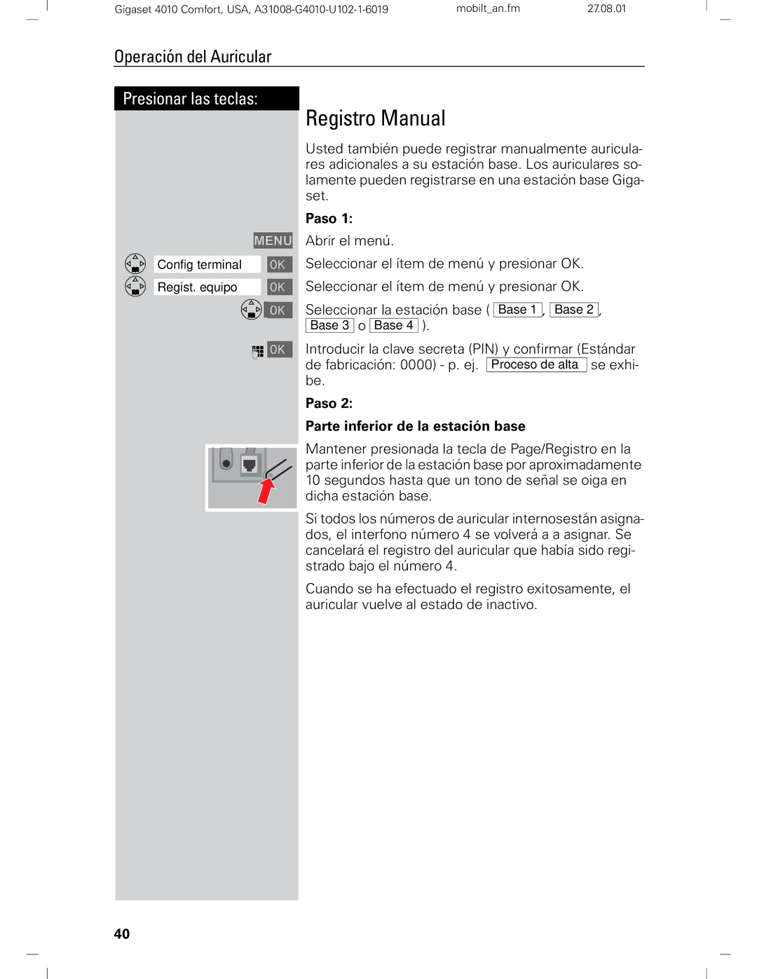 Siemens Gigaset 4210 user manual Registro Manual, Paso Parte inferior de la estación base 