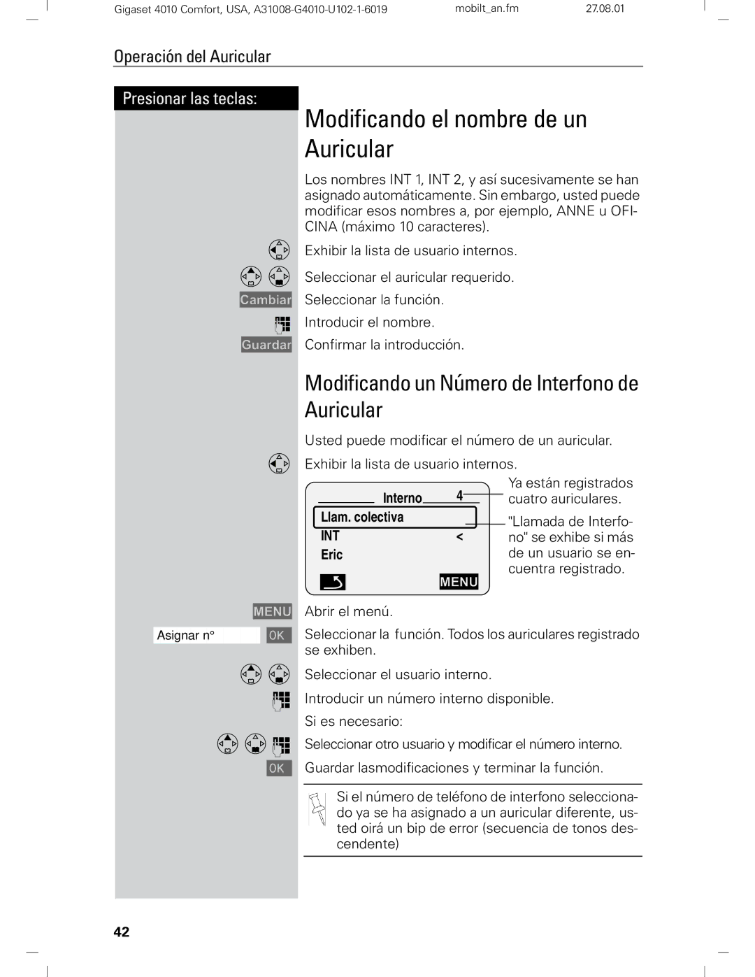 Siemens Gigaset 4210 user manual Modificando el nombre de un Auricular, Modificando un Número de Interfono de Auricular 