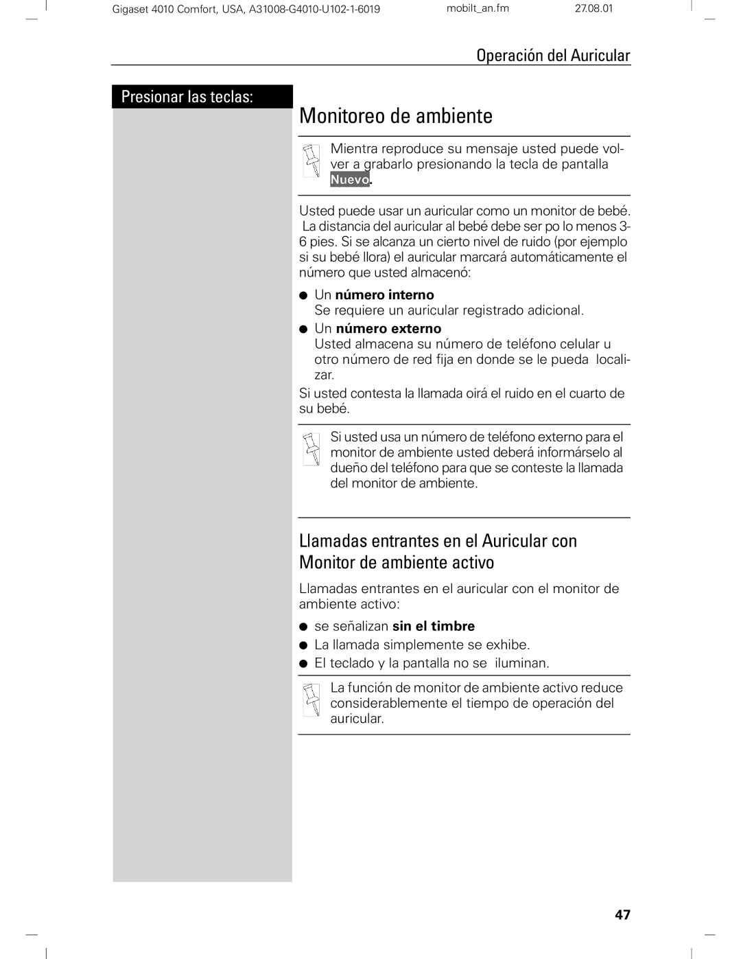 Siemens Gigaset 4210 user manual Monitoreo de ambiente, Un número interno, Un número externo 