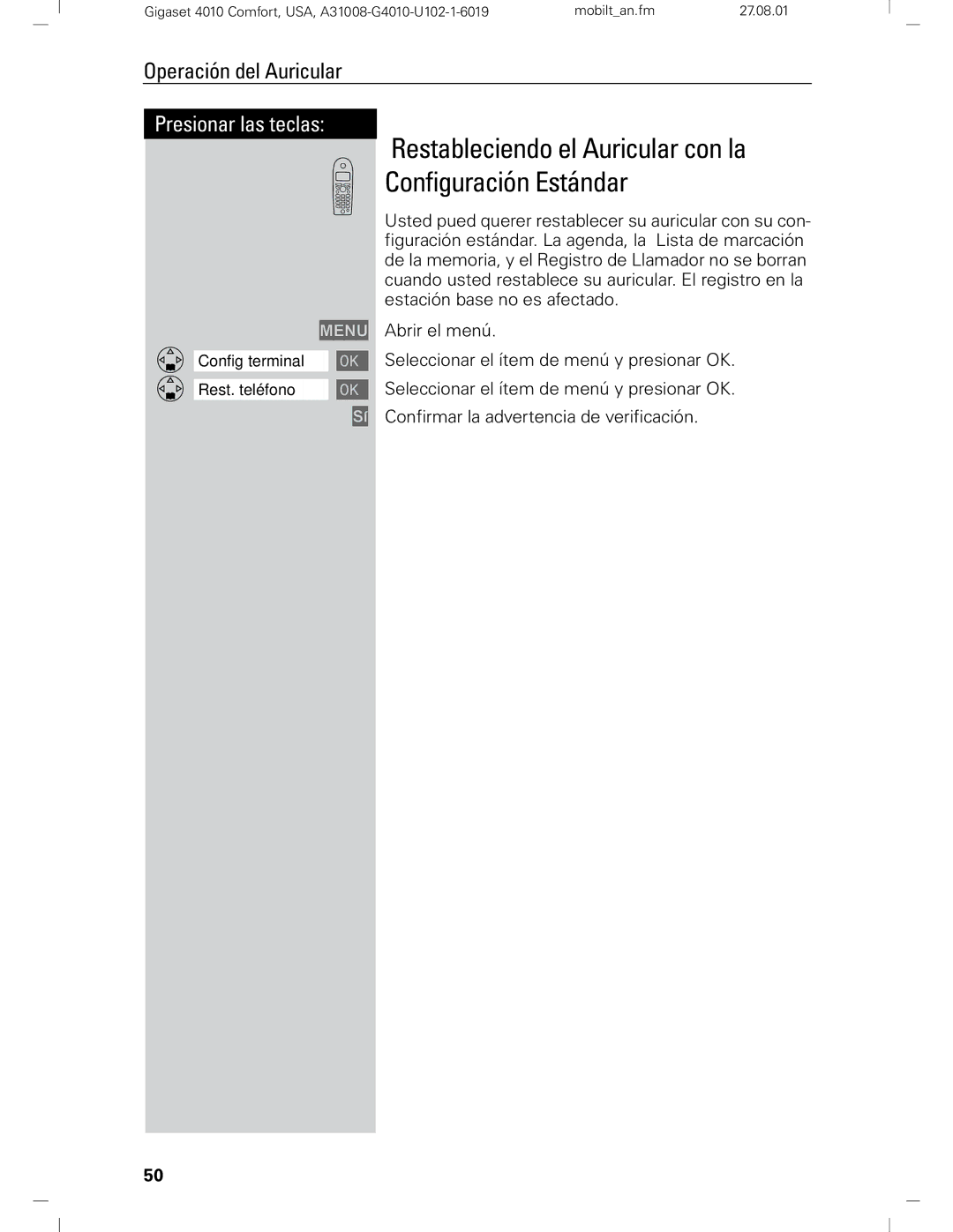 Siemens Gigaset 4210 user manual Restableciendo el Auricular con la Configuración Estándar 