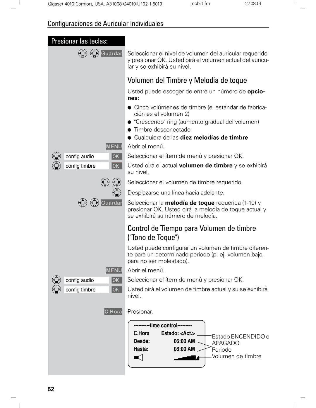 Siemens Gigaset 4210 Volumen del Timbre y Melodía de toque, Control de Tiempo para Volumen de timbre Tono de Toque 