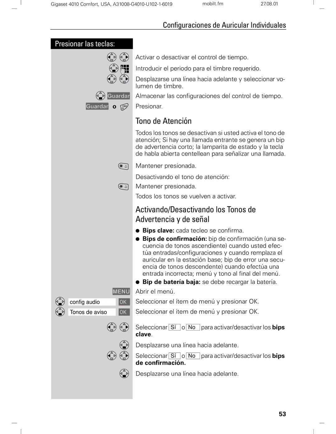 Siemens Gigaset 4210 user manual Tono de Atención, Activando/Desactivando los Tonos de Advertencia y de señal 