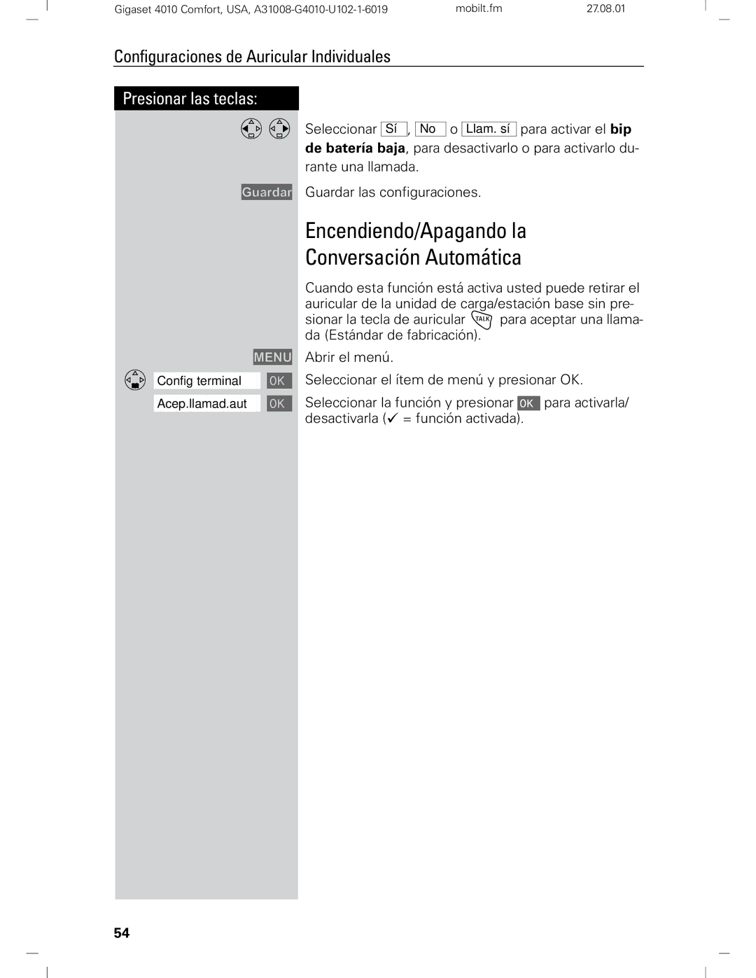 Siemens Gigaset 4210 user manual Encendiendo/Apagando la Conversación Automática 