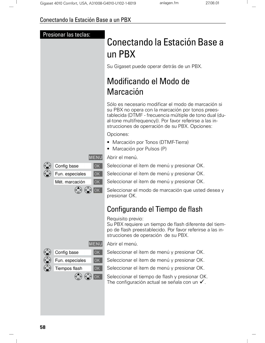 Siemens Gigaset 4210 user manual Conectando la Estación Base a un PBX, Configurando el Tiempo de flash 