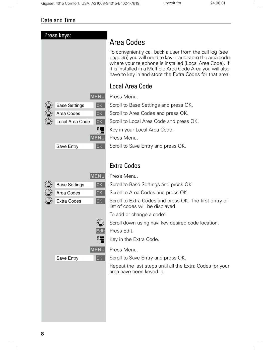 Siemens Gigaset 4210 user manual Area Codes, Local Area Code, Extra Codes 
