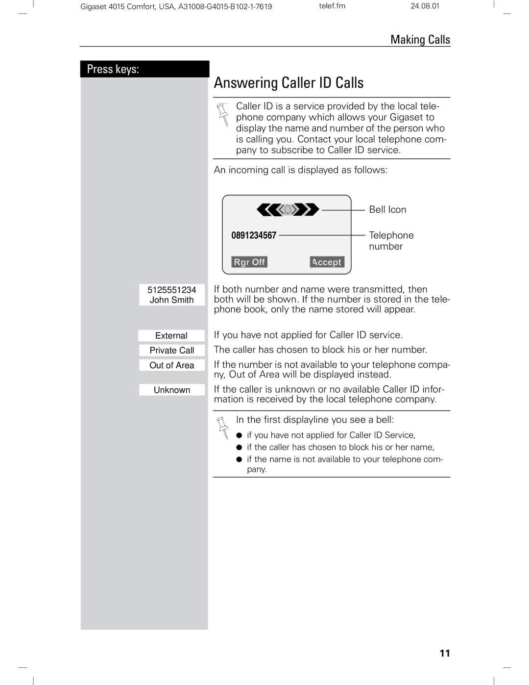 Siemens Gigaset 4210 user manual Answering Caller ID Calls, 0891234567Telephone 