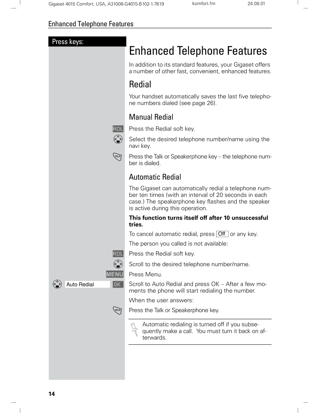 Siemens Gigaset 4210 user manual Enhanced Telephone Features, Manual Redial, Automatic Redial 