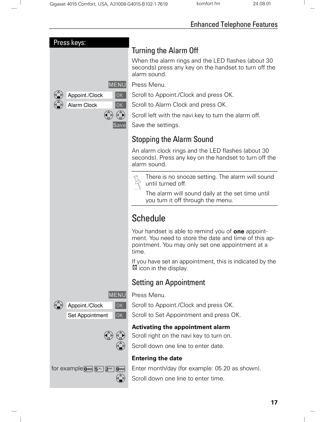 Siemens Gigaset 4210 user manual Schedule, Turning the Alarm Off, Stopping the Alarm Sound, Setting an Appointment 