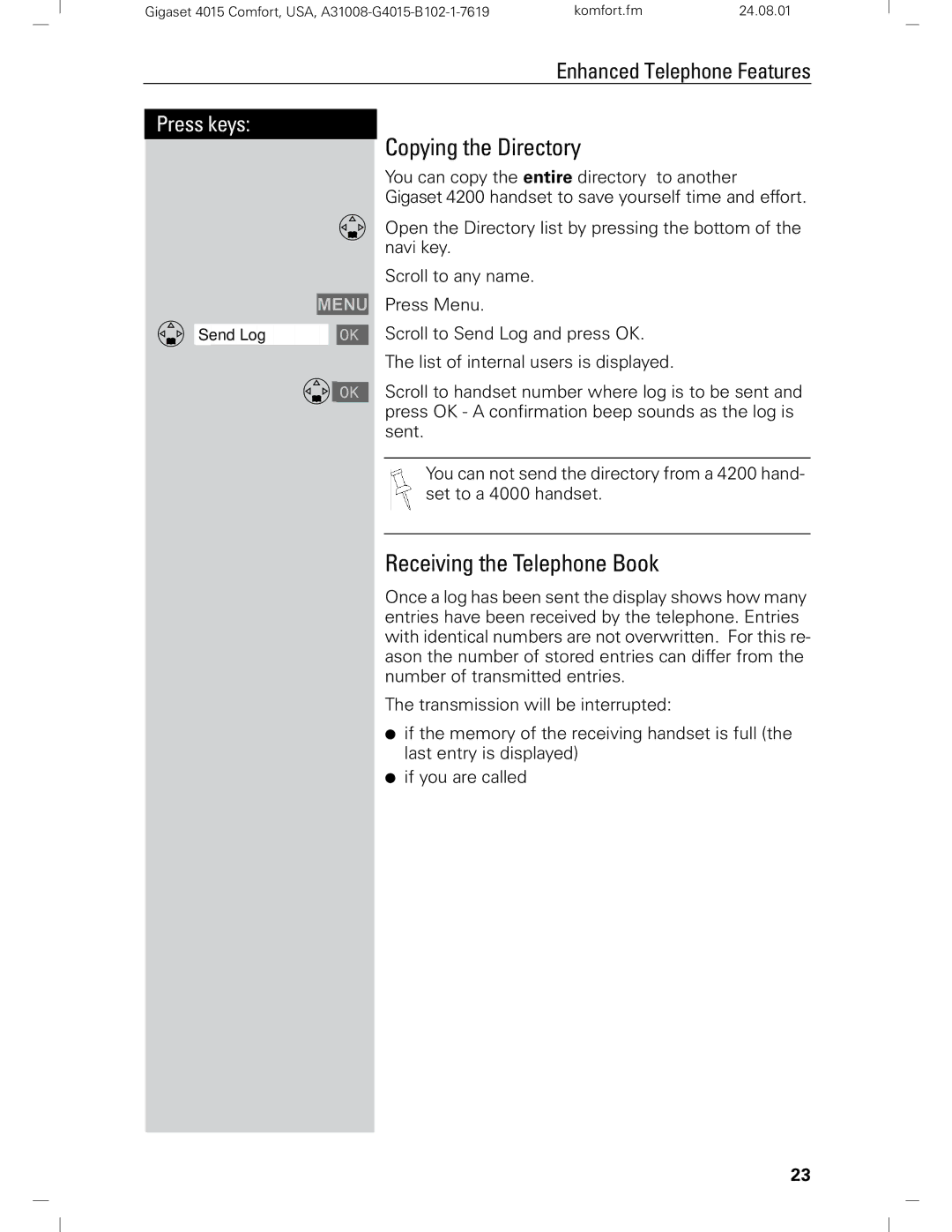 Siemens Gigaset 4210 user manual Copying the Directory, Receiving the Telephone Book 