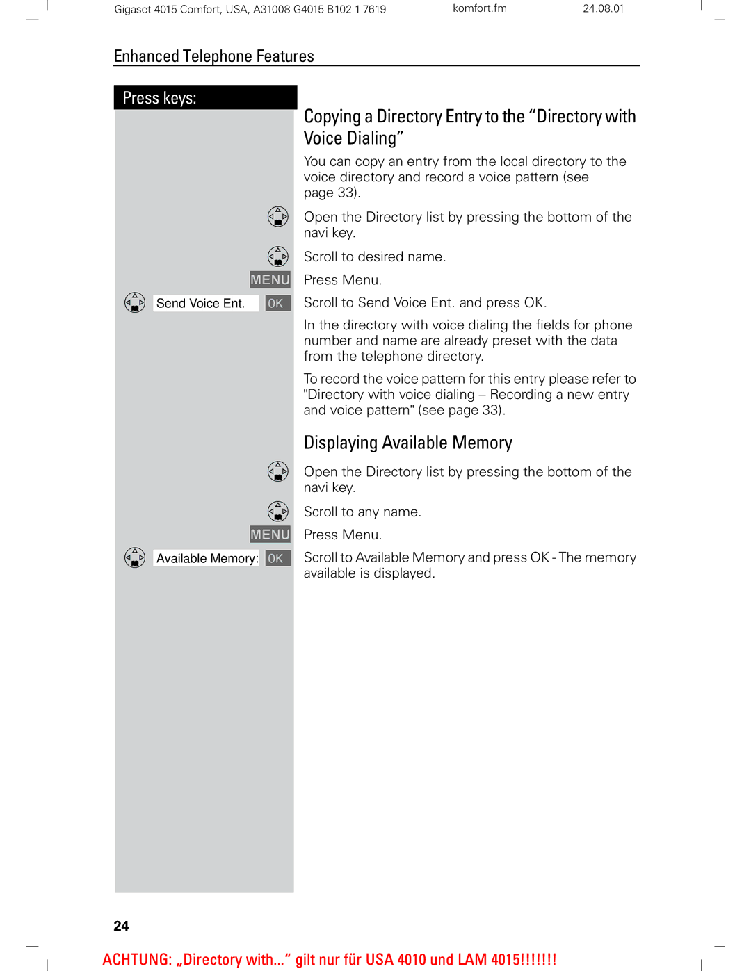 Siemens Gigaset 4210 user manual Displaying Available Memory 