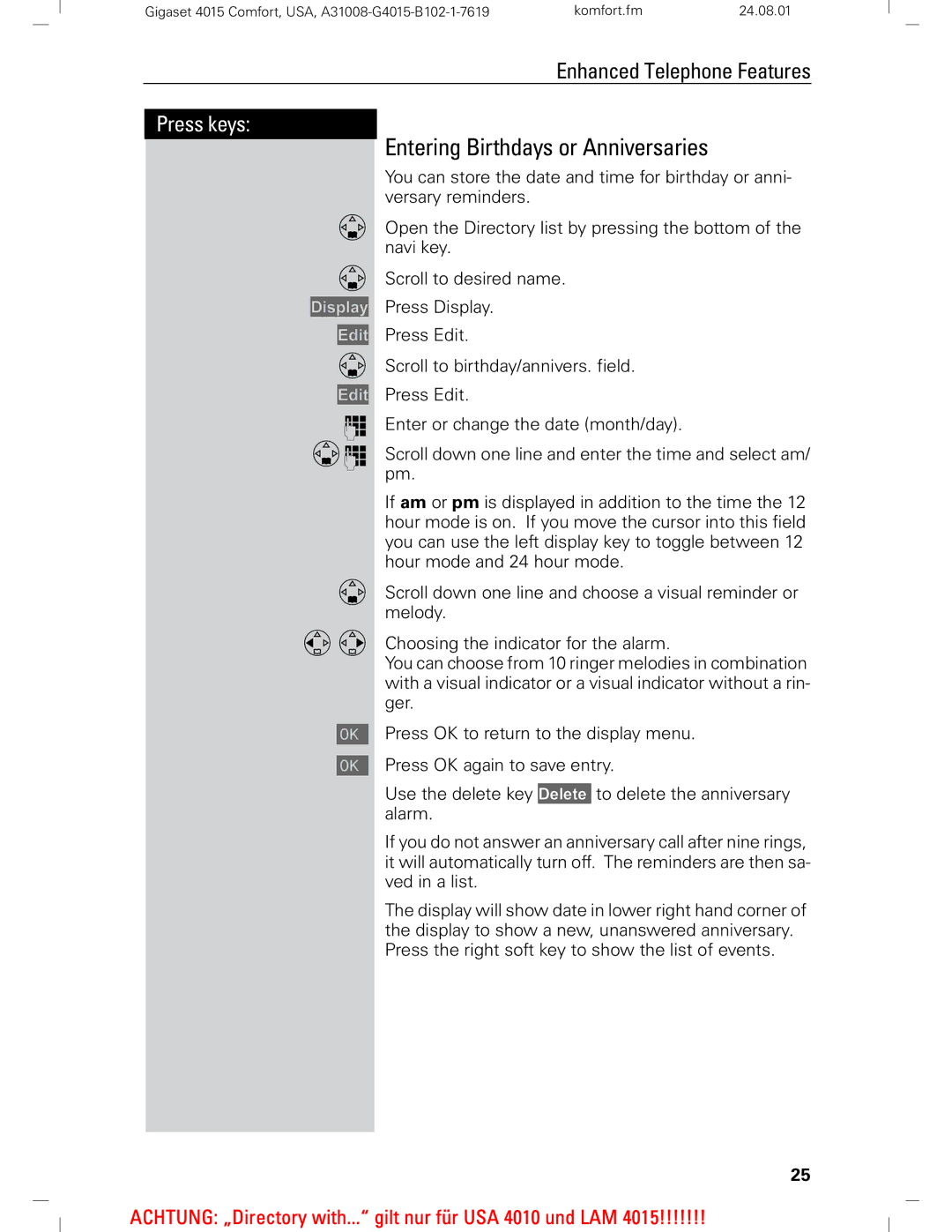 Siemens Gigaset 4210 user manual Entering Birthdays or Anniversaries 