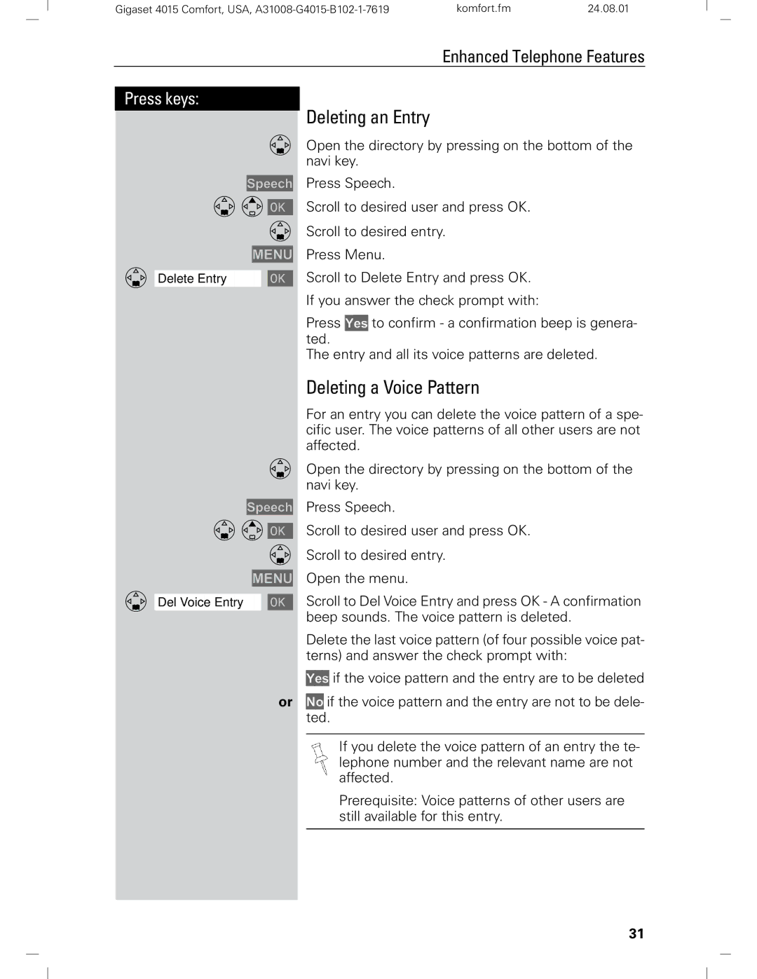 Siemens Gigaset 4210 user manual Deleting an Entry, Deleting a Voice Pattern 