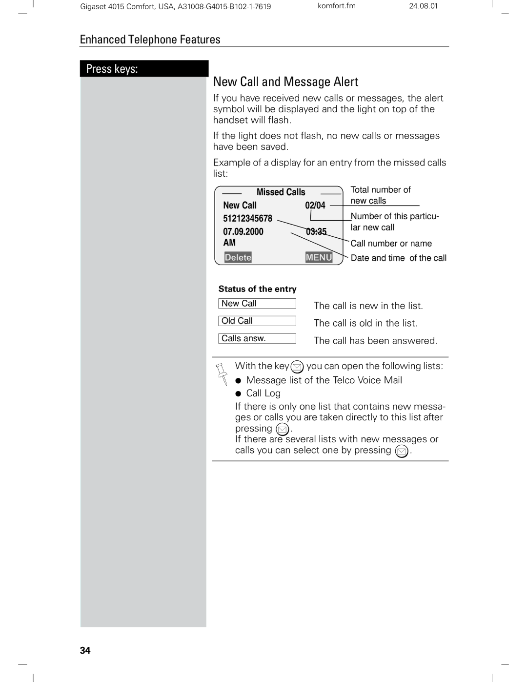 Siemens Gigaset 4210 user manual New Call and Message Alert, 51212345678 07.09.2000 