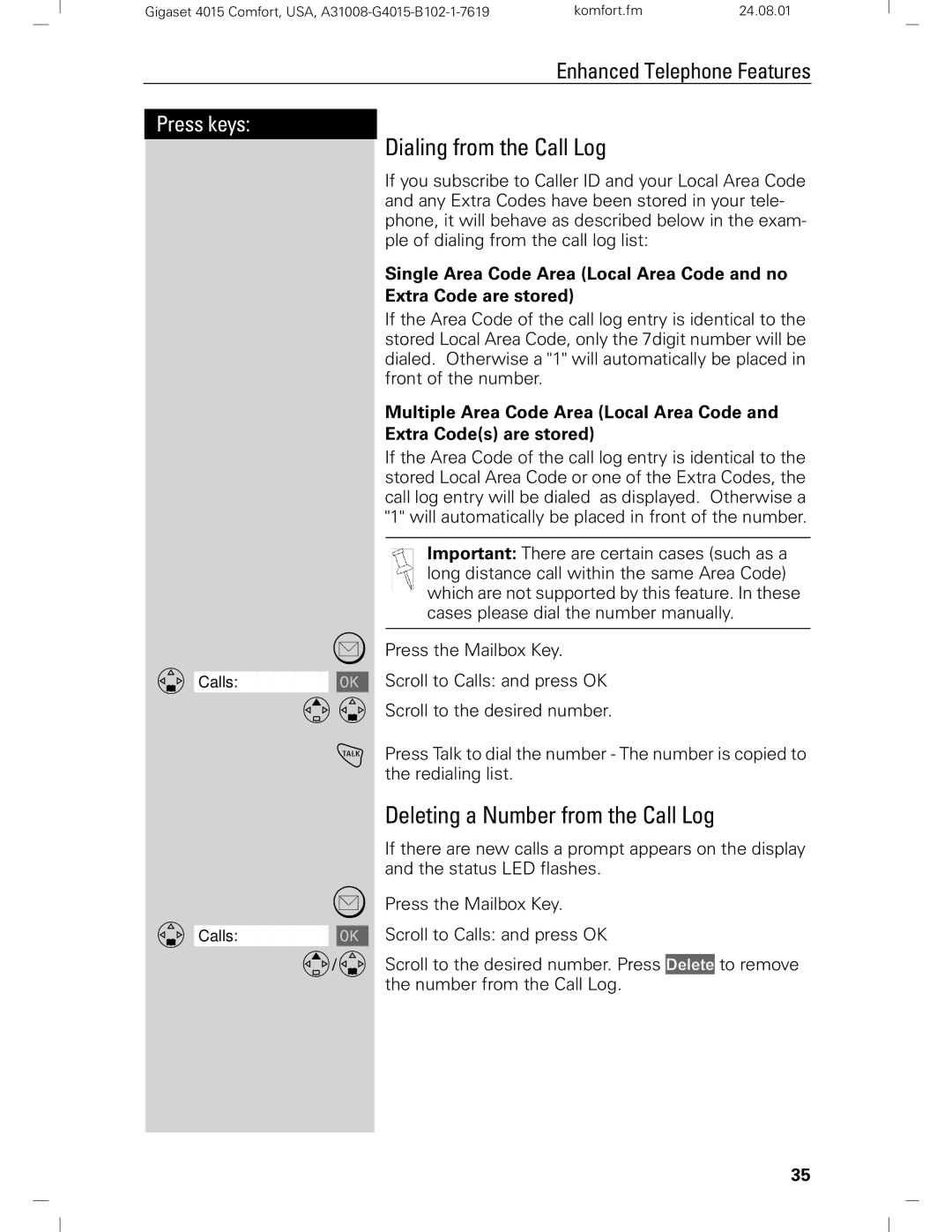 Siemens Gigaset 4210 user manual Dialing from the Call Log, Deleting a Number from the Call Log 