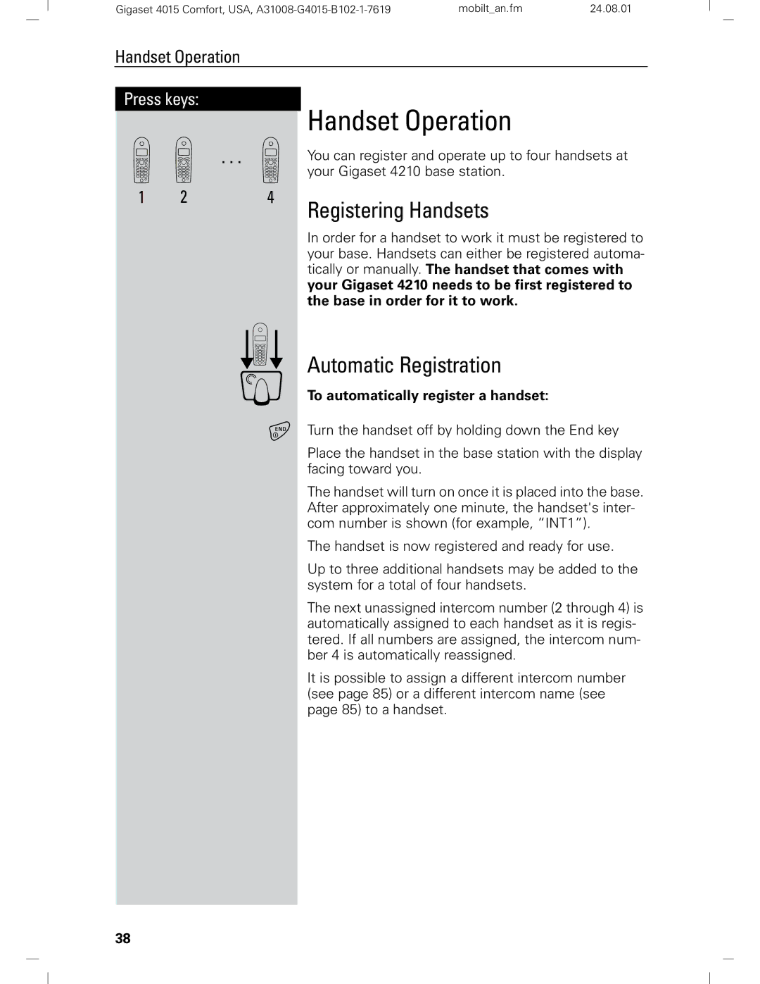 Siemens Gigaset 4210 Handset Operation, Registering Handsets, Automatic Registration, To automatically register a handset 