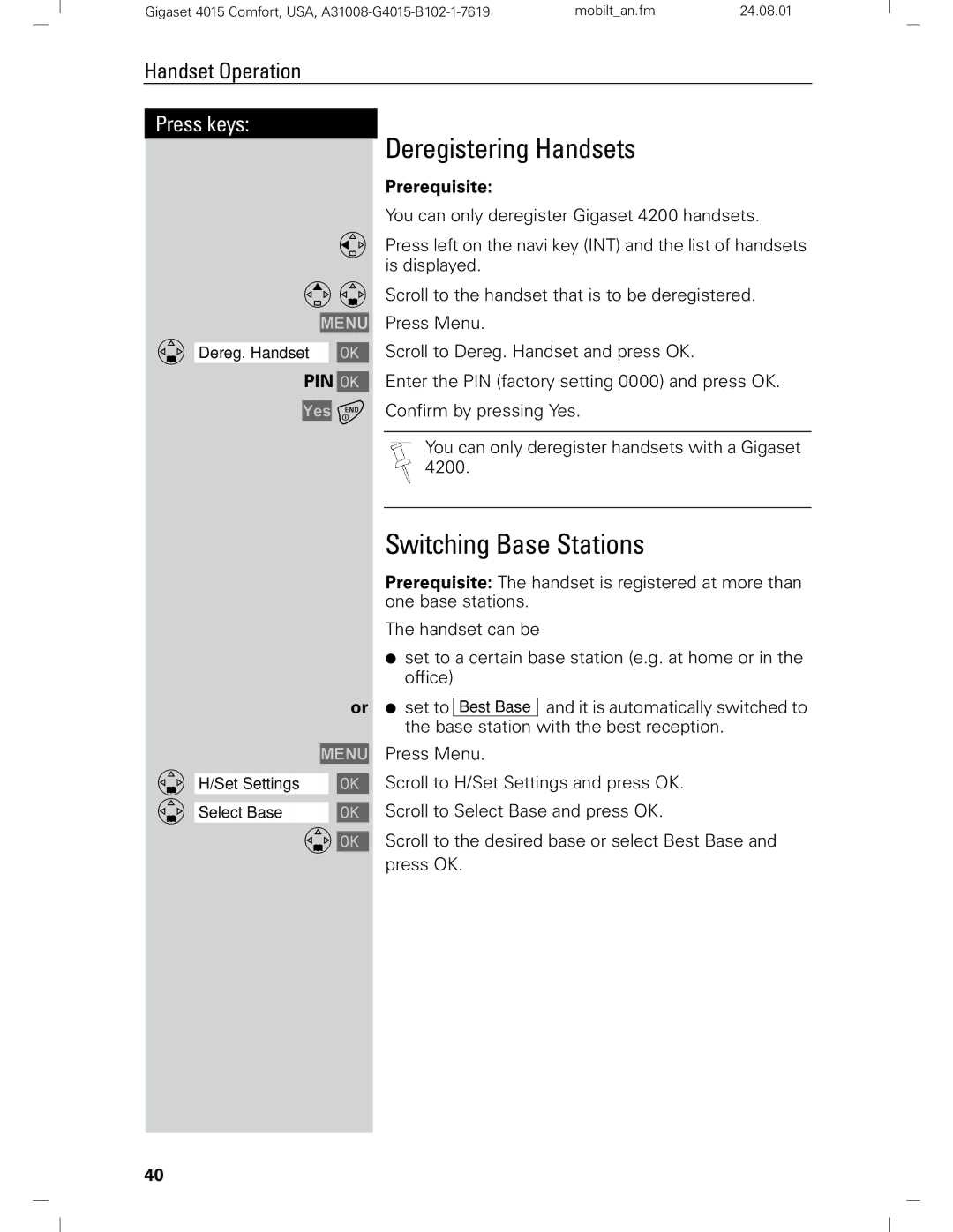 Siemens Gigaset 4210 user manual Deregistering Handsets, Switching Base Stations, Prerequisite, Pin 