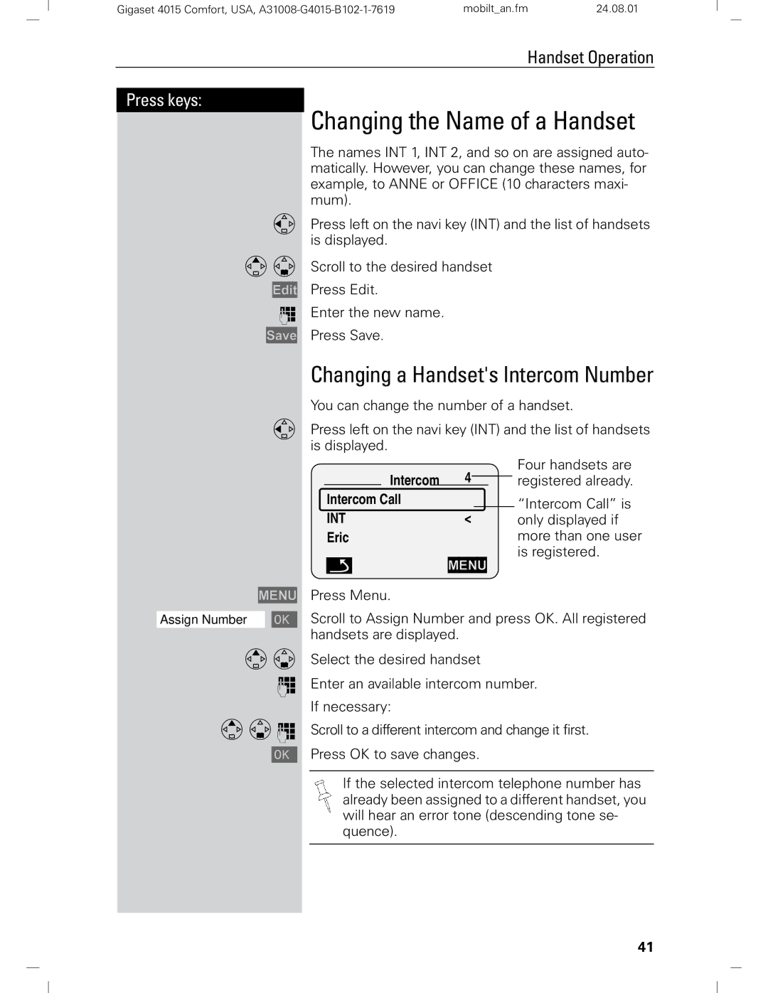 Siemens Gigaset 4210 user manual Changing the Name of a Handset, Changing a Handsets Intercom Number 