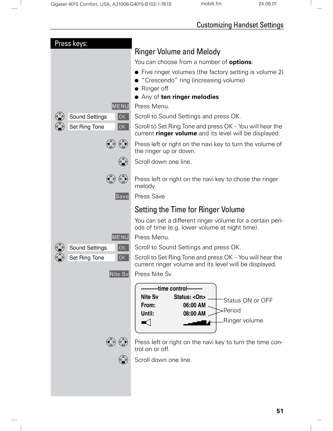 Siemens Gigaset 4210 Ringer Volume and Melody, Setting the Time for Ringer Volume, Any of ten ringer melodies, Period 