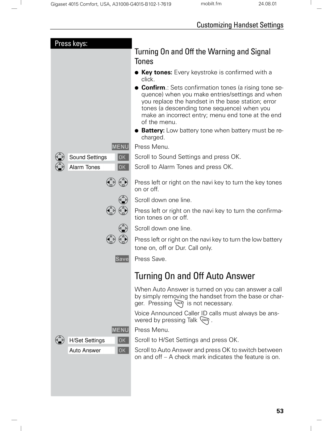 Siemens Gigaset 4210 user manual Turning On and Off Auto Answer, Turning On and Off the Warning and Signal Tones 