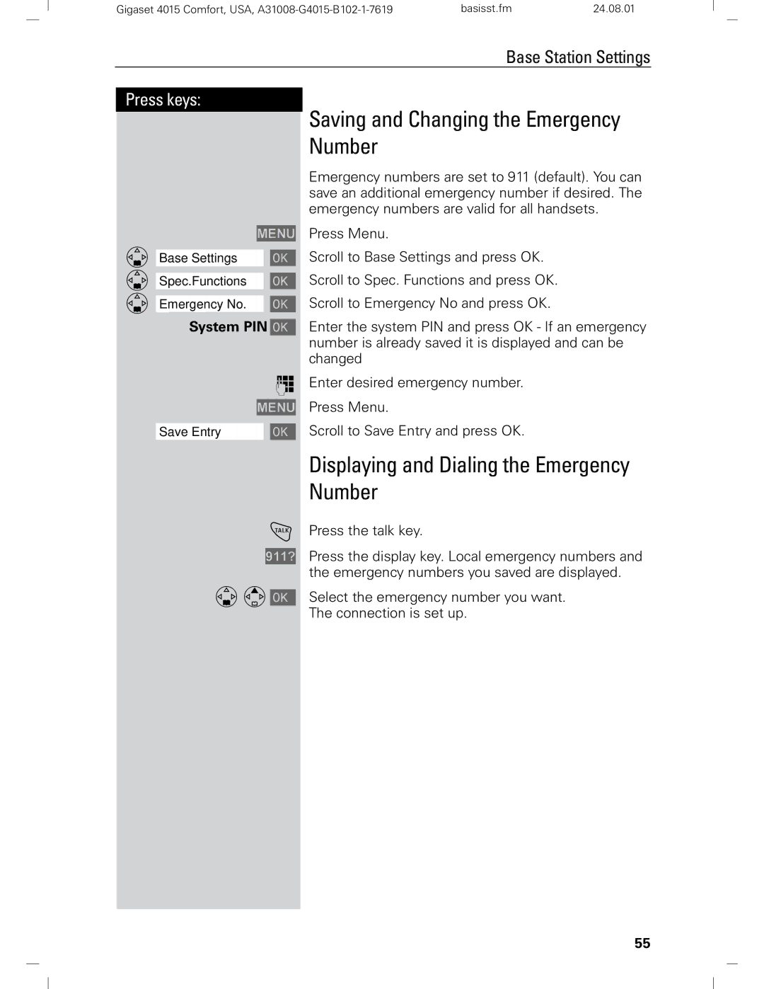 Siemens Gigaset 4210 user manual Saving and Changing the Emergency Number, Displaying and Dialing the Emergency Number 