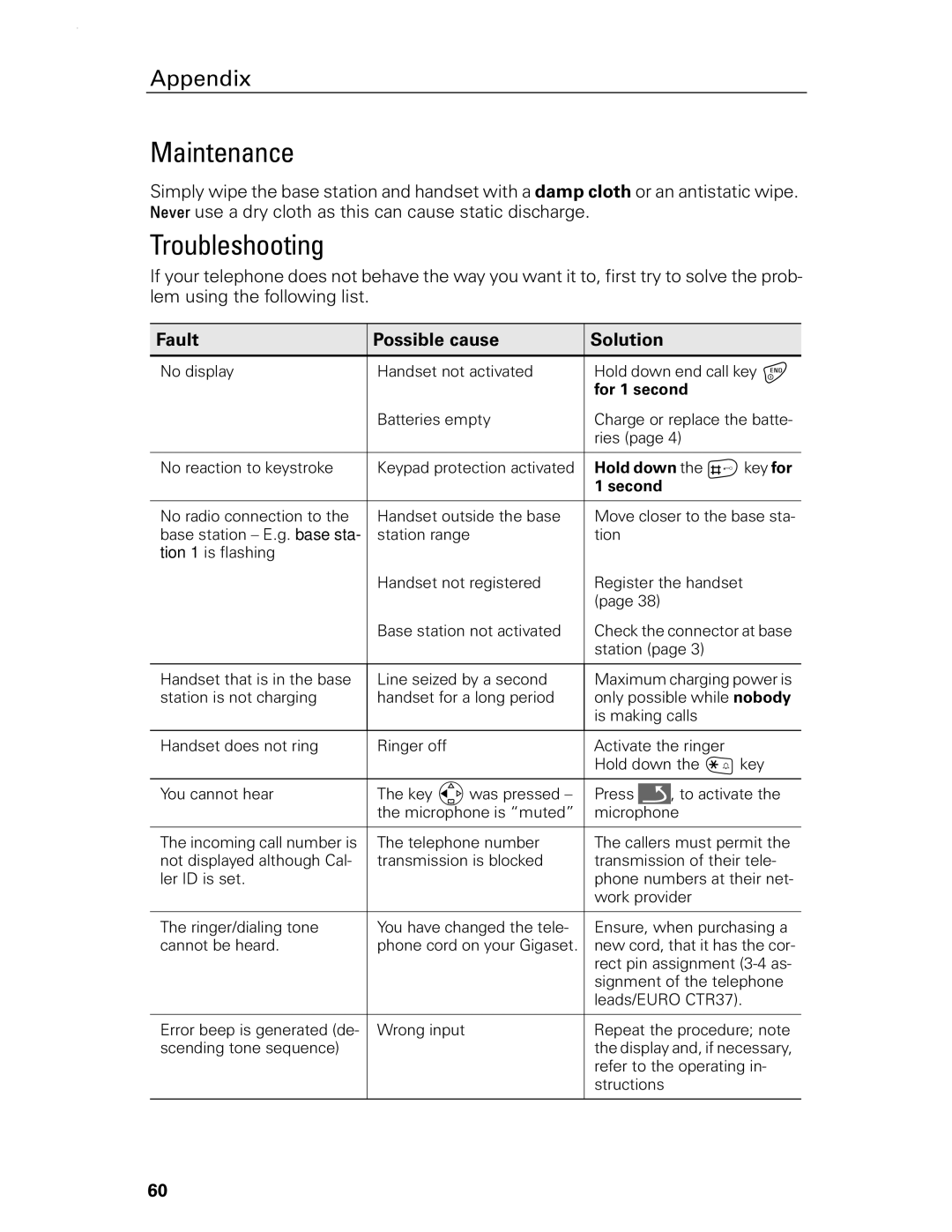 Siemens Gigaset 4210 user manual Maintenance, Troubleshooting, Fault Possible cause Solution 