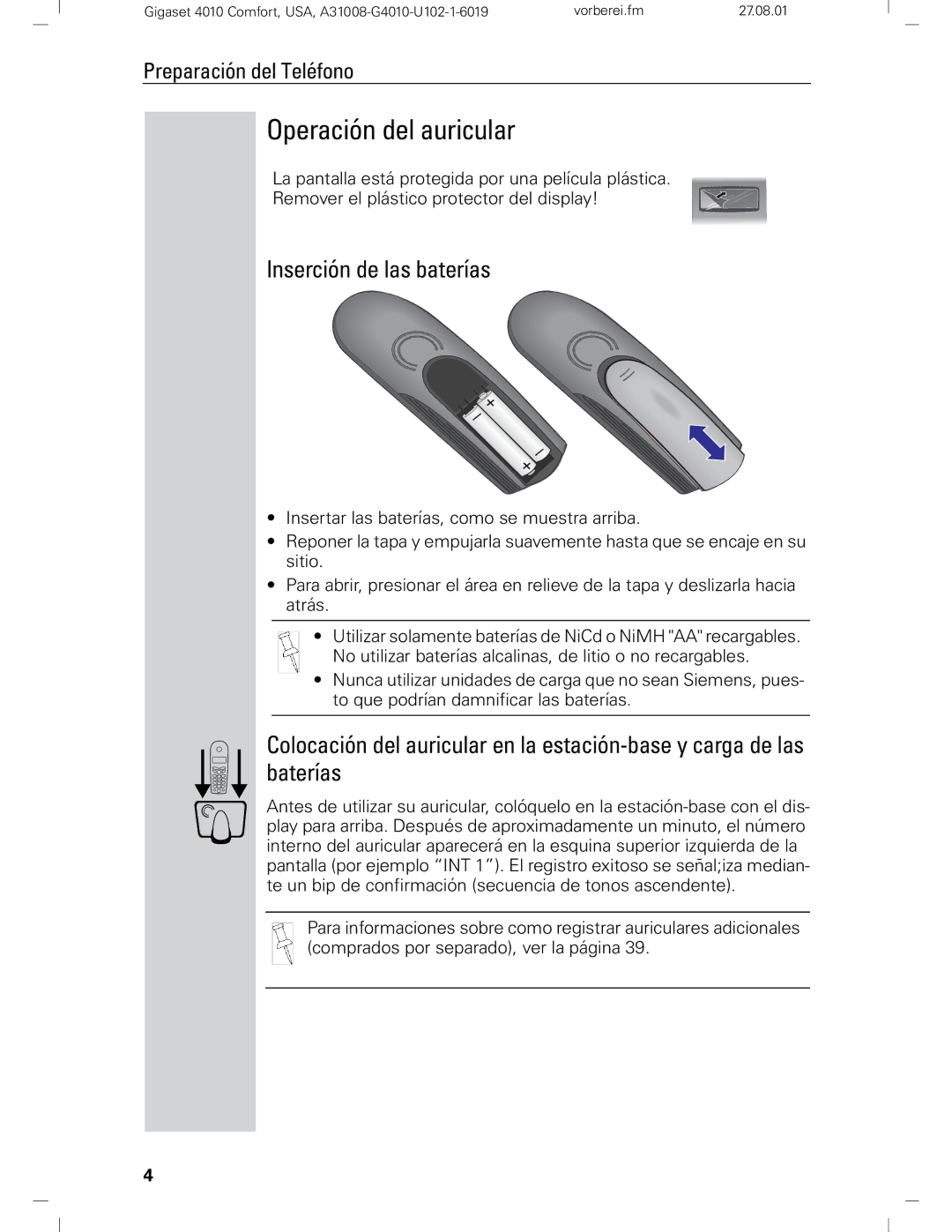 Siemens Gigaset 4210 user manual Operación del auricular, Inserción de las baterías 