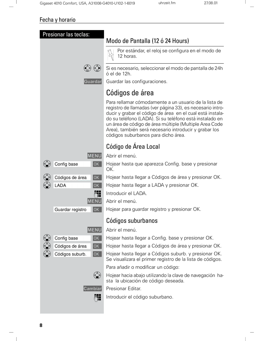 Siemens Gigaset 4210 user manual Códigos de área, Modo de Pantalla 12 ó 24 Hours, Código de Área Local, Códigos suburbanos 