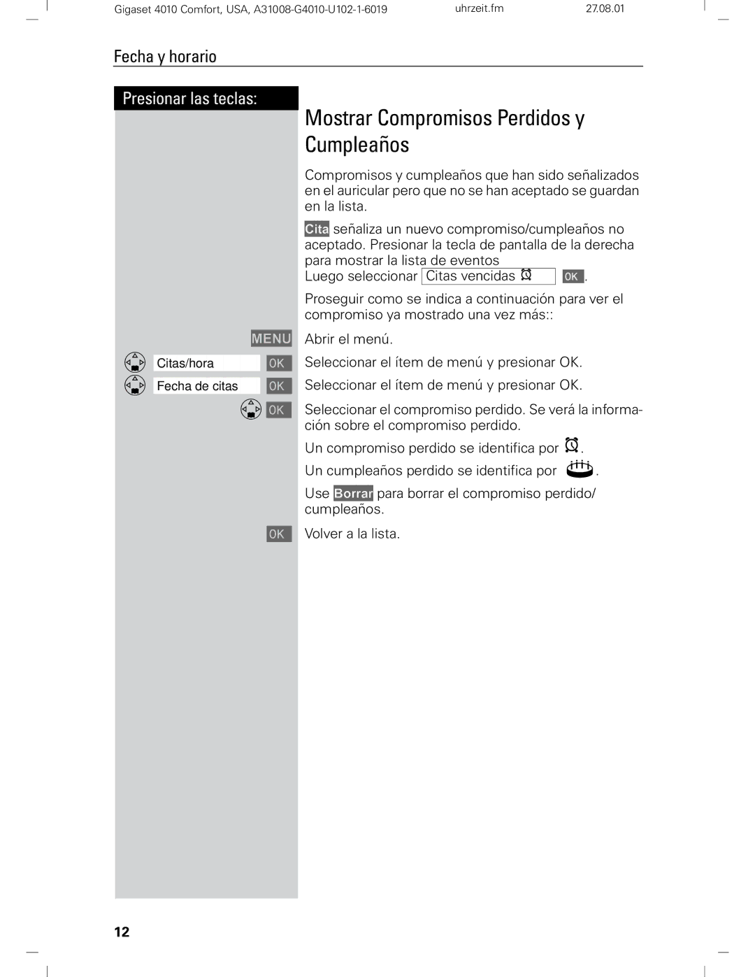 Siemens Gigaset 4210 user manual Mostrar Compromisos Perdidos y Cumpleaños 