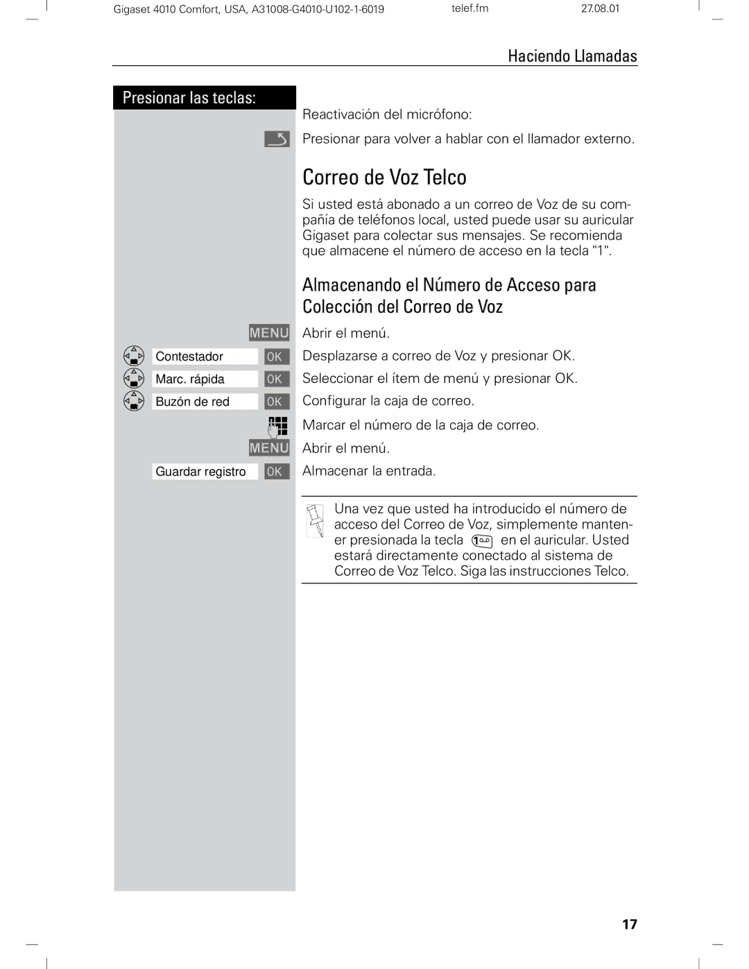 Siemens Gigaset 4210 user manual Correo de Voz Telco 