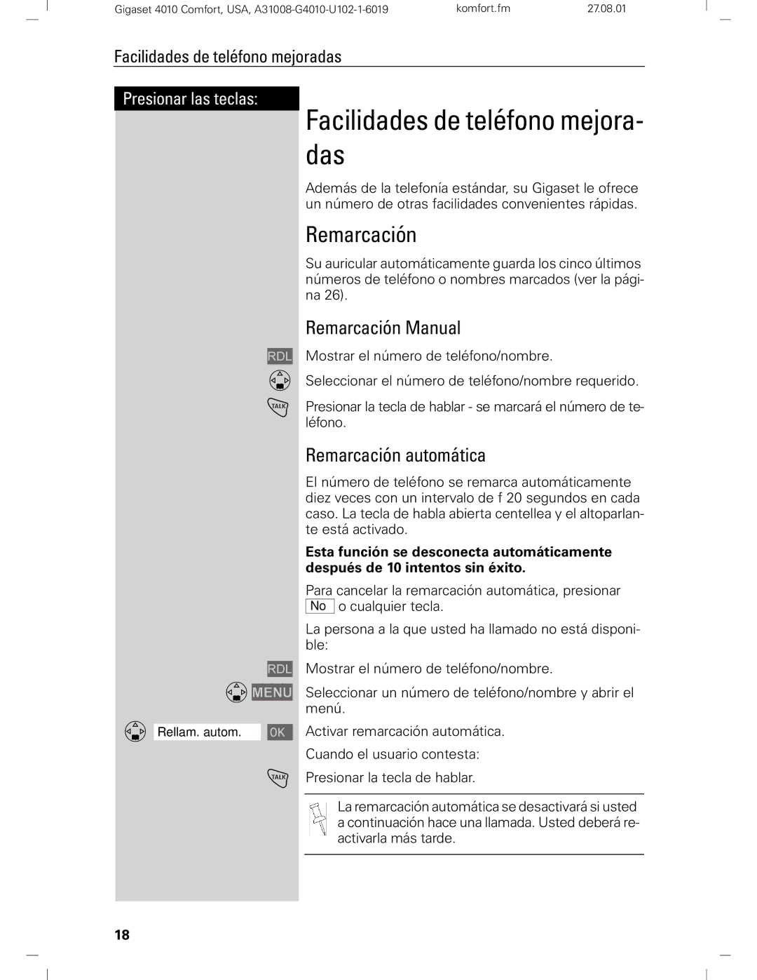 Siemens Gigaset 4210 user manual Facilidades de teléfono mejora- das, Remarcación Manual, Remarcación automática 