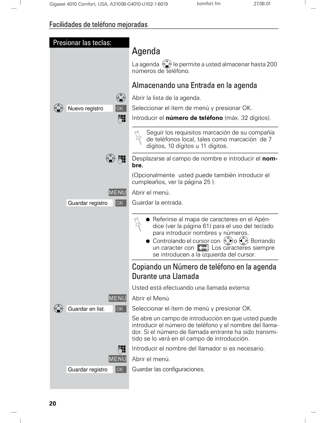 Siemens Gigaset 4210 user manual Agenda, Almacenando una Entrada en la agenda 