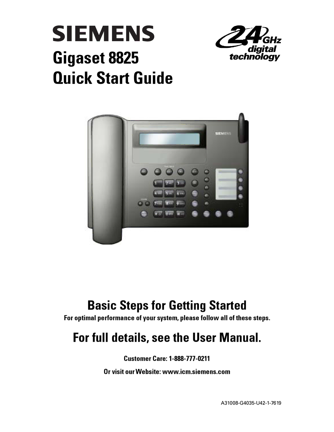 Siemens Gigaset 8825 user manual Gigaset Quick Start Guide, Basic Steps for Getting Started 