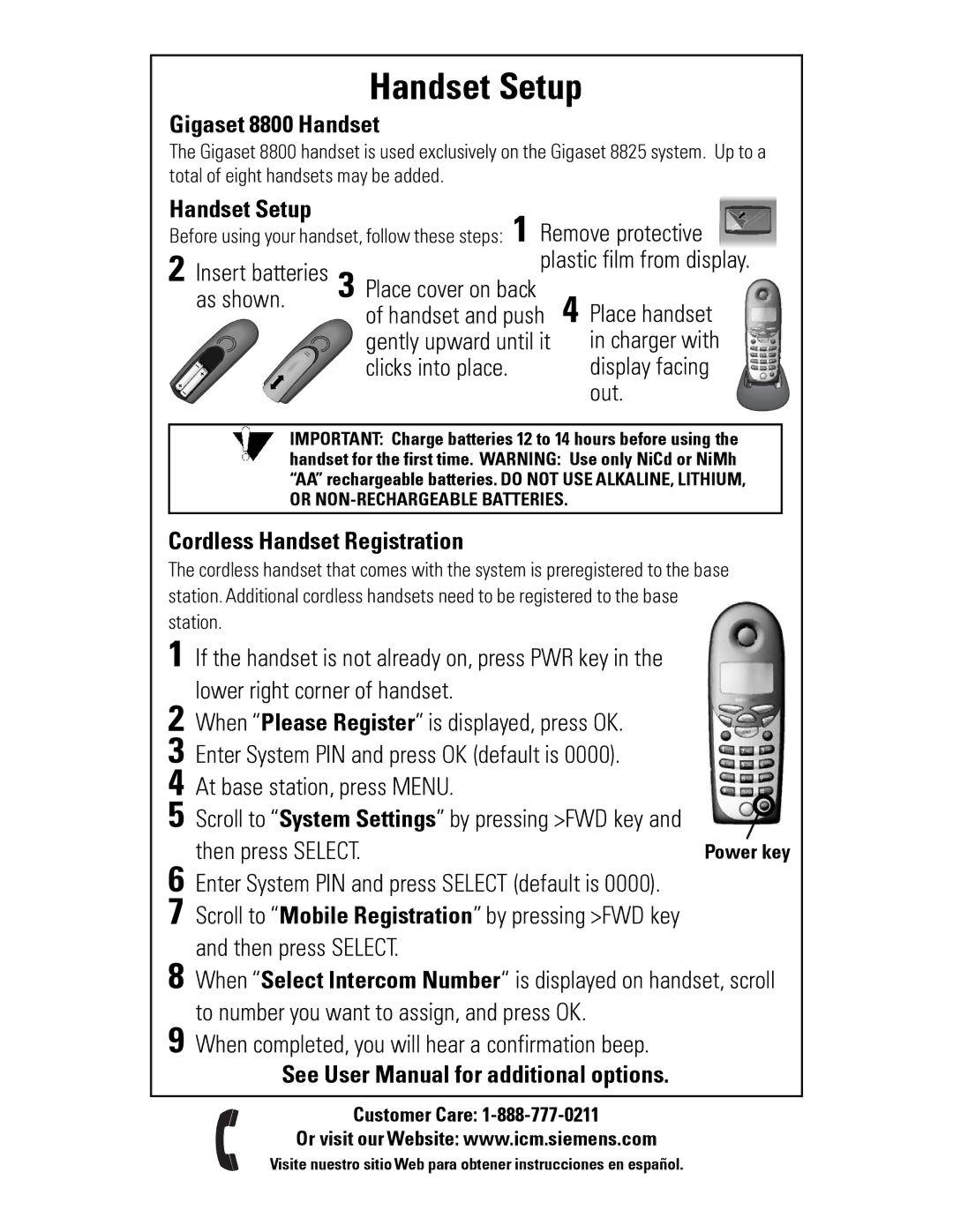 Siemens Gigaset 8825 user manual Handset Setup, Gigaset 8800 Handset, Cordless Handset Registration 