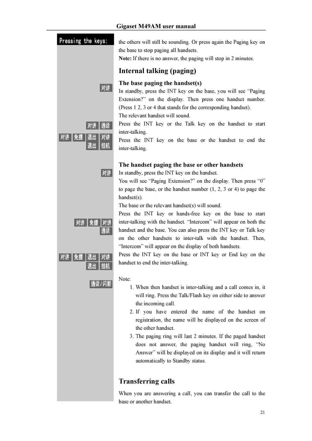 Siemens Gigaset M49AM user manual Internal talking paging, Transferring calls, Base paging the handsets 