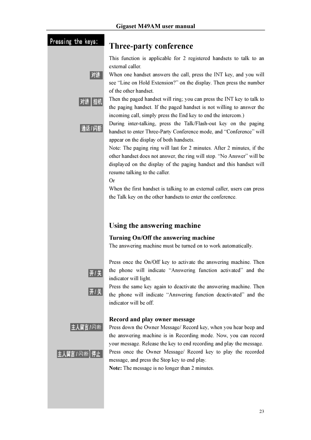 Siemens Gigaset M49AM user manual Three-party conference, Using the answering machine, Turning On/Off the answering machine 