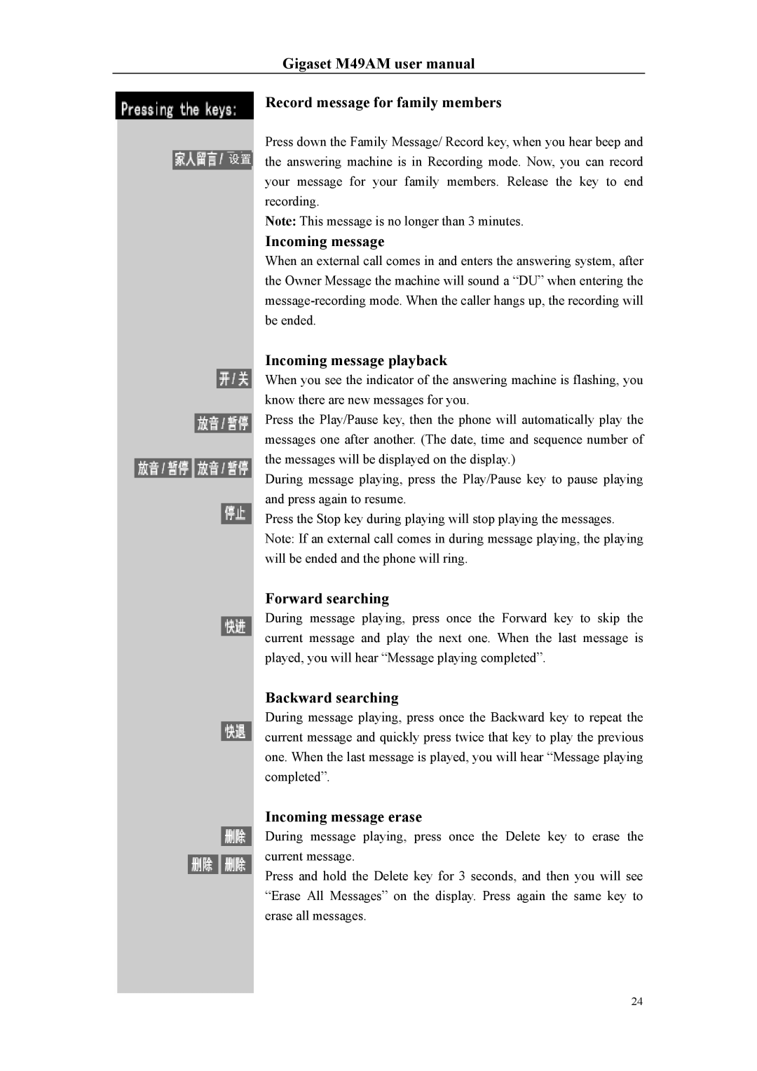 Siemens Gigaset M49AM user manual Record message for family members, Incoming message playback, Forward searching 
