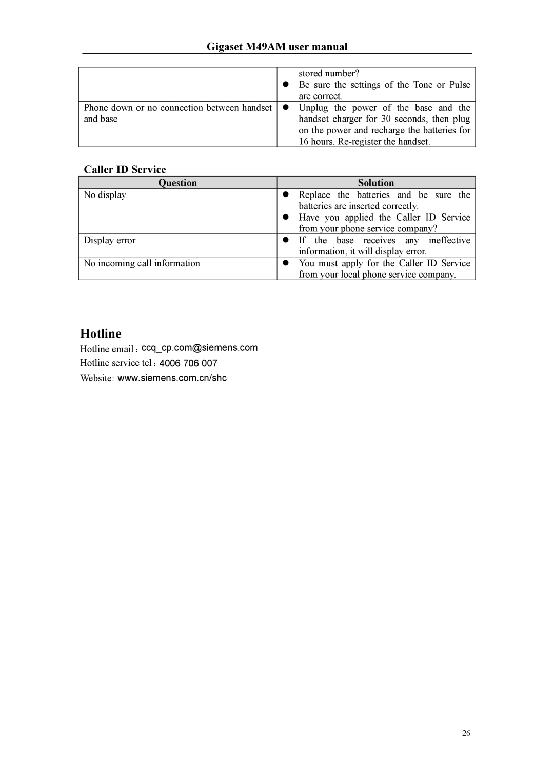 Siemens Gigaset M49AM user manual Hotline, Caller ID Service 