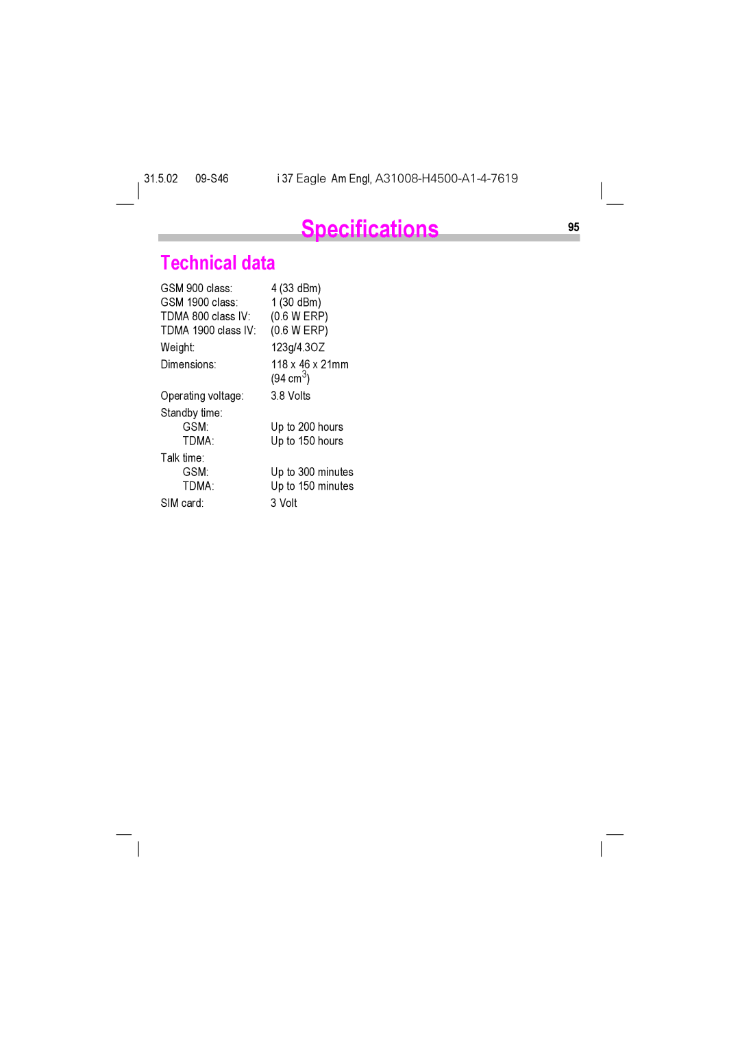 Siemens TDMA 800, GSM 900, GSM 1900, TDMA 1900 manual Specifications95, Technical data 