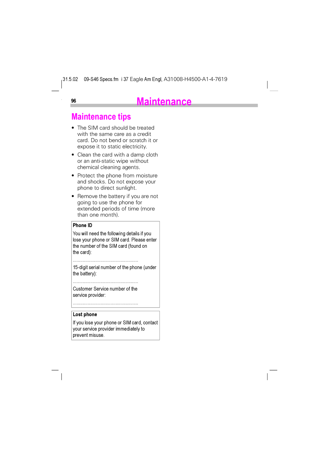 Siemens TDMA 1900, GSM 900, GSM 1900, TDMA 800 manual 96Maintenance, Maintenance tips, Phone ID, Lost phone 